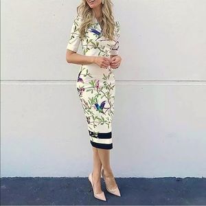 Ted Baker Evrely Floral Highgrove Tailored V Neck Bodycon Pencil Midi Dress